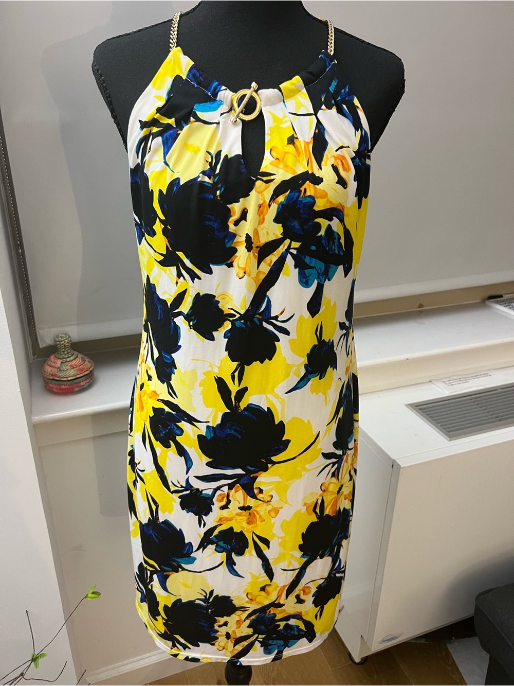Ivanka Trump Yellow and Navy Floral Halter Midi Dress with Gold Chain